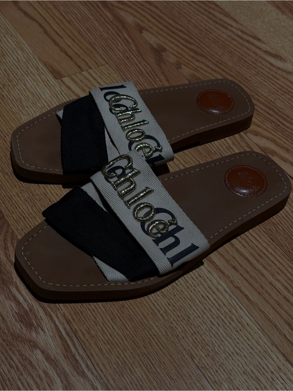 Chloe Beige, Black & Gold Logo Slide Sandals